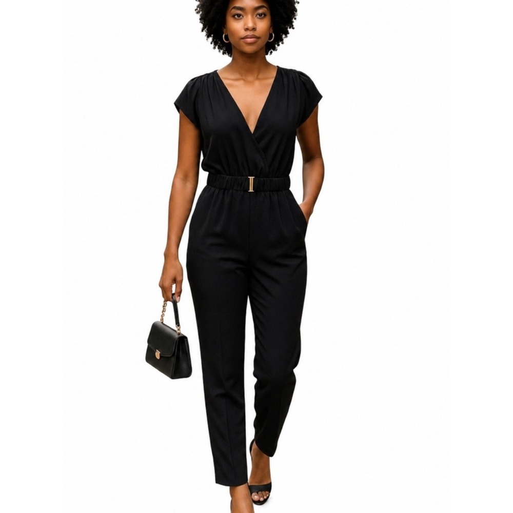 H&M Jumpsuit Womens 2 Black belted Extended shoulders Pockets Goth Grungy Boho